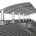 Modern Public Grandstand With Canopy Roof Staircases Railings And Supporting Columns