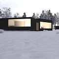 Modern Detached House In Snowy Landscape With Black Exterior And Glass Windows