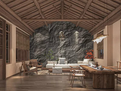 Chinese-style Living Room with Wooden Ceiling Stone Wall Wooden Furniture Sofa and Plants 3d model