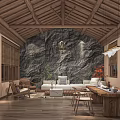 Chinese-style Living Room with Wooden Ceiling Stone Wall Wooden Furniture Sofa and Plants