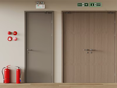 Essential Fire Safety Equipment With Red Extinguishers Exit Signs And Fire Doors In Building Corridor 3d model