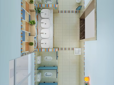 Kindergarten Bathroom Interior With Colorful Tiles White Toilets Sinks Plants And Shelves 3d model