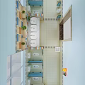 Kindergarten Bathroom Interior With Colorful Tiles White Toilets Sinks Plants And Shelves