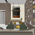 Modern Elegant Lounge Area Interior With Bookshelf Wall Round Tables And Comfortable Chairs 3d model