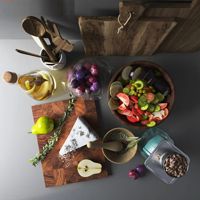 Kitchen Utensils Including Wooden Spoons Cutting Board Oil Bottle And Bowl With Fresh Ingredients 3d model