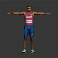 Man in Pink USA Athletics Vest Blue Shorts and Green Sneakers with Arms Outstretched