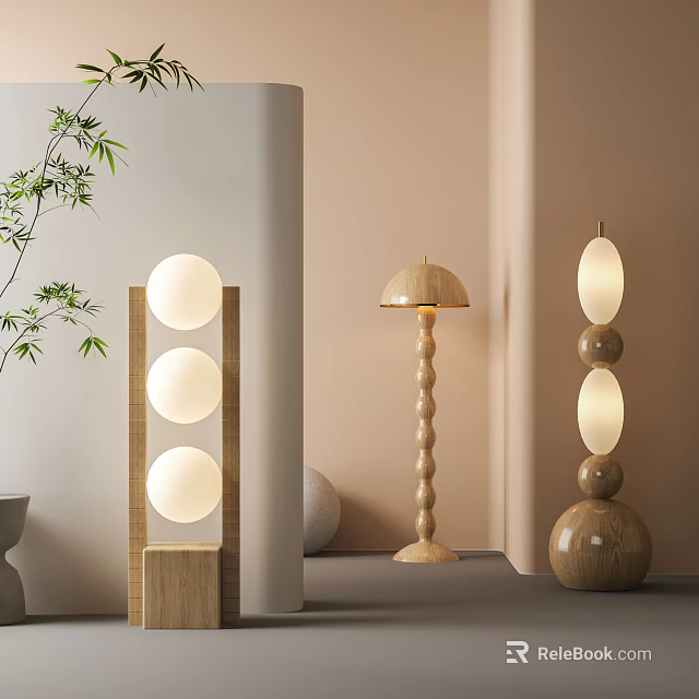 Modern Wooden Floor Lamps with Round Globe Mushroom Shade and Oval Light Design 3d model 