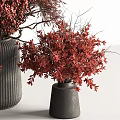Decorative Ornament Set With Red Foliage In Three Different Sized Dark Vertical Stripe Vases 3d model
