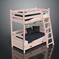 Light Wooden Bunk Bed With Ladder Mattress Black Pillows Drawers And String Lights