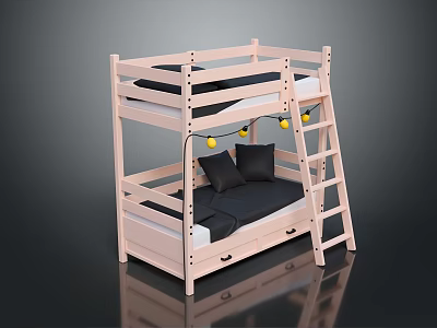 Light Wooden Bunk Bed With Ladder Mattress Black Pillows Drawers And String Lights 3d model