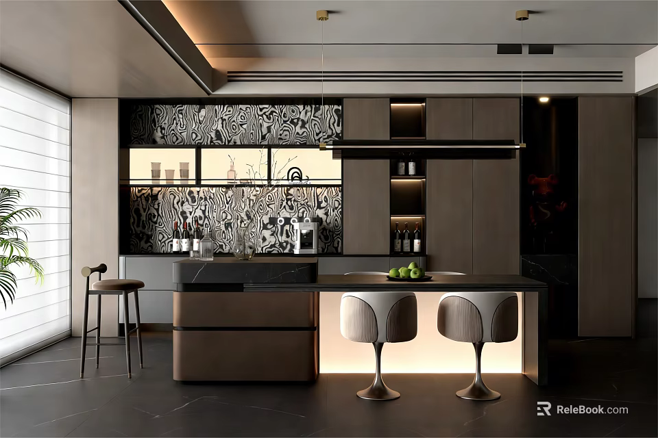 Modern Restaurant Kitchen Interior With Black And White Patterned Backsplash Island Counter And Bar Stools 3d model 