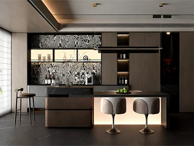 Modern Restaurant Kitchen Interior With Black And White Patterned Backsplash Island Counter And Bar Stools 3d model