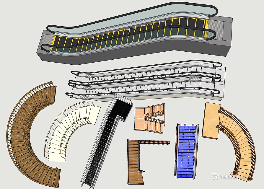 Various Modern Elevator Escalator Designs With Spiral Staircase Metal Frames Wooden Steps 3d model 