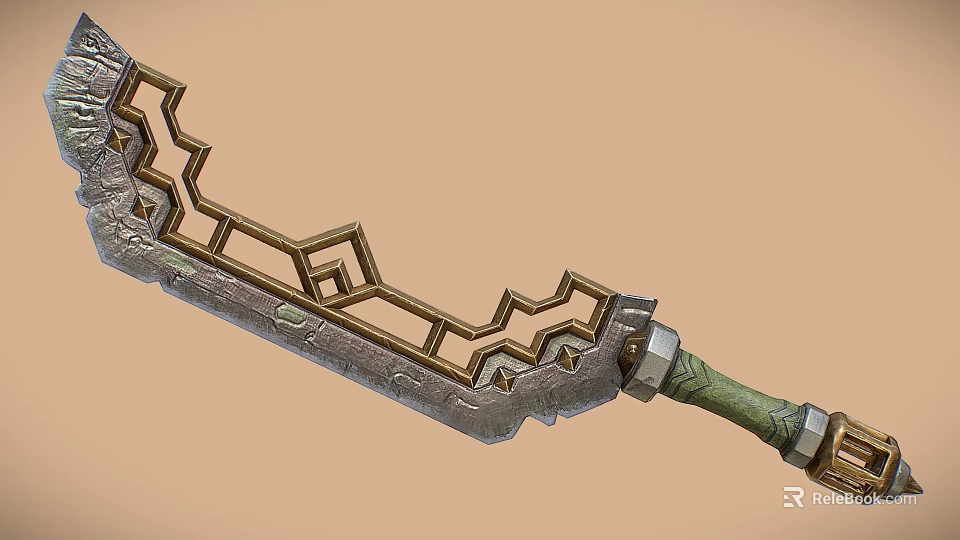 Decorative Sword With Intricate Metallic Patterns And Green Handle Design 3d model 