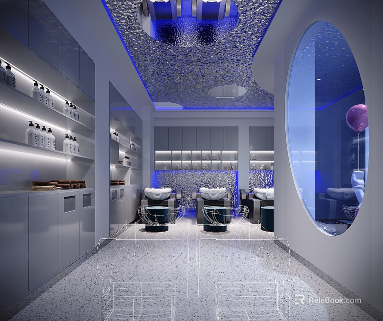 Modern Beauty Salon Interior Design With Hair Styling Chairs Product Shelves And Decorative Lighting 3d model 