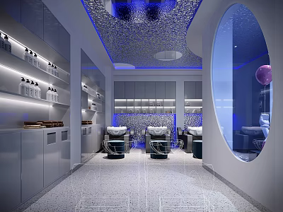 Modern Beauty Salon Interior Design With Hair Styling Chairs Product Shelves And Decorative Lighting 3d model