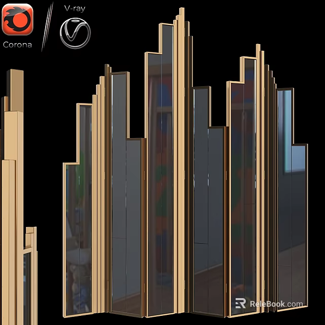 Modern Geometric Wooden Frame Wall Decor With Vertical Mirror Panels And Colorful Strips 3d model 