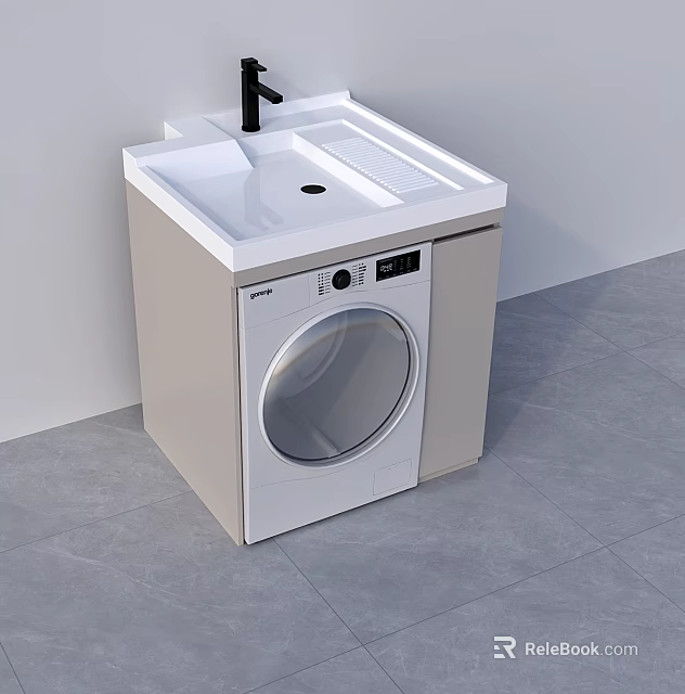 Space Saving Washbasin Cabinet with Built in Washing Machine and White Countertop 3d model 
