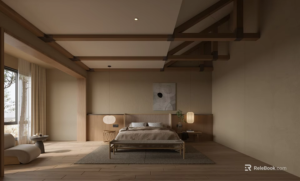 Minimalist Hotel Guest Room Interior With Wooden Ceiling Beams Bedside Lamps And Decorative Art 3d model 