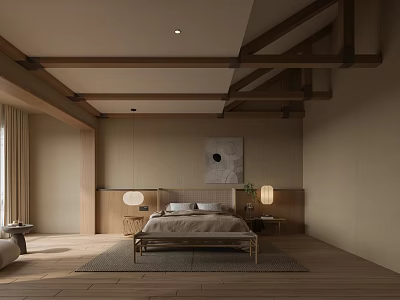 Minimalist Hotel Guest Room Interior With Wooden Ceiling Beams Bedside Lamps And Decorative Art 3d model