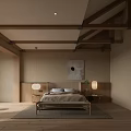 Minimalist Hotel Guest Room Interior With Wooden Ceiling Beams Bedside Lamps And Decorative Art