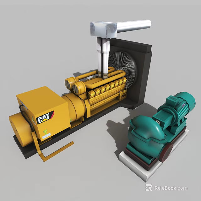 CAT Yellow Industrial Generator Set With Green Motor And Mechanical Components 3d model 