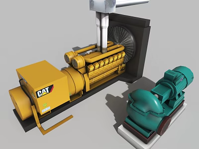 CAT Yellow Industrial Generator Set With Green Motor And Mechanical Components 3d model