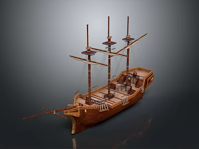 Detailed Wooden Ship Model With Three Masts And Intricate Deck Design 3d model