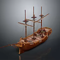 Detailed Wooden Ship Model With Three Masts And Intricate Deck Design