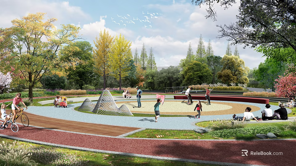 Scenic Park Landscape With People Playing Walking And Resting Among Autumn Trees And Red Pathway 3d model 