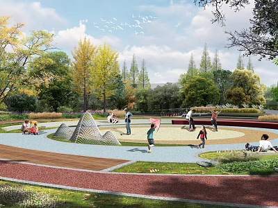 Scenic Park Landscape With People Playing Walking And Resting Among Autumn Trees And Red Pathway 3d model