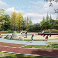 Scenic Park Landscape With People Playing Walking And Resting Among Autumn Trees And Red Pathway