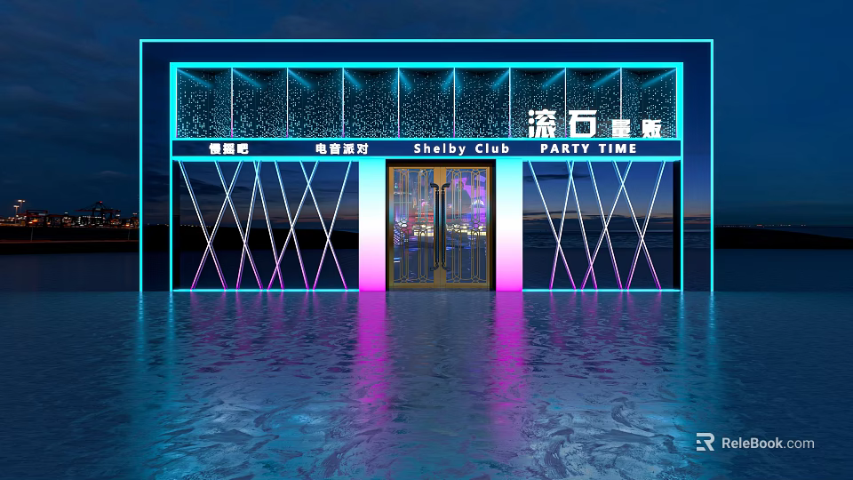Modern KTV Exterior Design With Neon Lights Glass Door And Party Vibe 3d model 