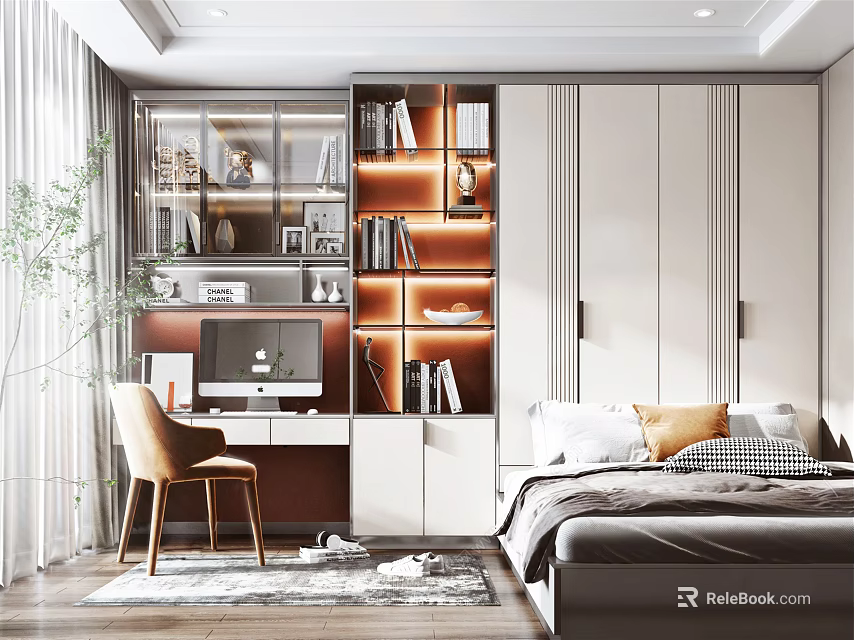 Modern Tatami Bedroom Interior with Bookshelves Desk Wardrobe and Green Plant 3d model 