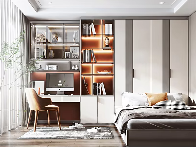 Modern Tatami Bedroom Interior with Bookshelves Desk Wardrobe and Green Plant 3d model