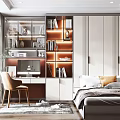 Modern Tatami Bedroom Interior with Bookshelves Desk Wardrobe and Green Plant