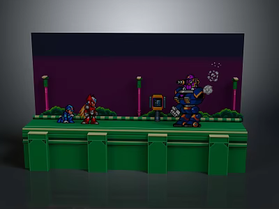 Pixel Art Game Scene With Characters On Green Platform And Purple Background 3d model