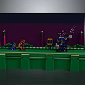 Pixel Art Game Scene With Characters On Green Platform And Purple Background