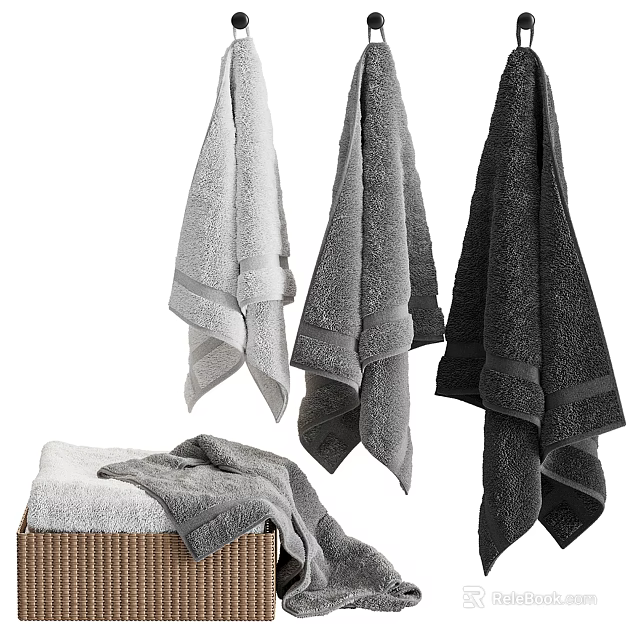 Soft Gray Bathroom Towels Set With Woven Basket 3d model 