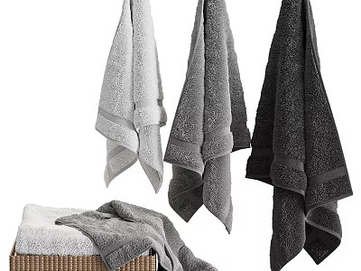 Soft Gray Bathroom Towels Set With Woven Basket 3d model