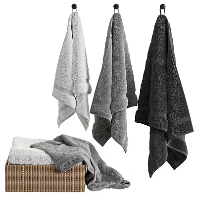 Soft Gray Bathroom Towels Set With Woven Basket 3d model
