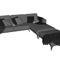 Modern Gray Sectional Sofa Interior With Checkered Pillows And Cozy Blankets 3d model