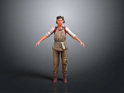 3D Female Character Model With Striped Apron Brown Pants Outstretched Arms And Boots 3d model