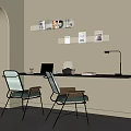 Modern Desk With Laptop Coffee Maker Lamp Green Cushioned Chairs And Wall Shelves