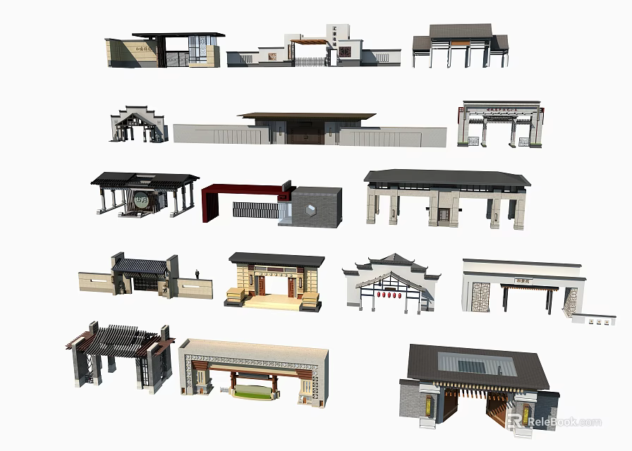 Various Entrance Gates With Traditional And Modern Architectural Designs And Roof Structures 3d model 