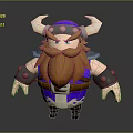 Muscular Horned Fantasy Game Warrior Character With Brown Beard Purple Outfit And Metal Arm Guards