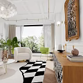 Elegant Living And Dining Area With Chandelier Large Windows Green Plants Beige Armchair And Checkered Cabinet