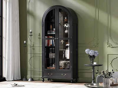 Living Room Interior Featuring Green Wall Black Glass Cabinet White Curtains And Decorative Paneled Wall 3d model