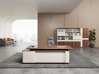 Modern Bright Executive Office With Premium Desk Storage Bookshelf And Comfortable Lounge Area 3d model