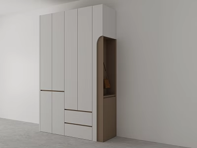Modern Minimalist Wardrobe Design With White Doors Brown Drawers And Open Compartment 3d model